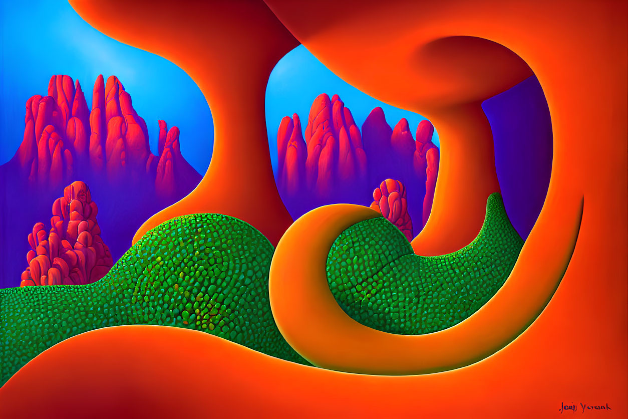 Colorful digital artwork: orange wave-like structures, green hills, blue background, red rocks.