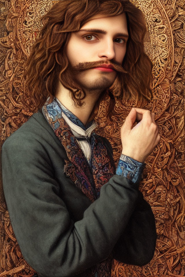 Portrait of a person with long wavy hair and a pronounced mustache in vintage attire against an orn