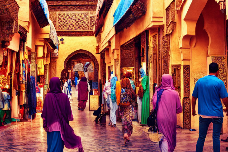 Colorful Market Street with Traditional Architecture and Lively Stalls