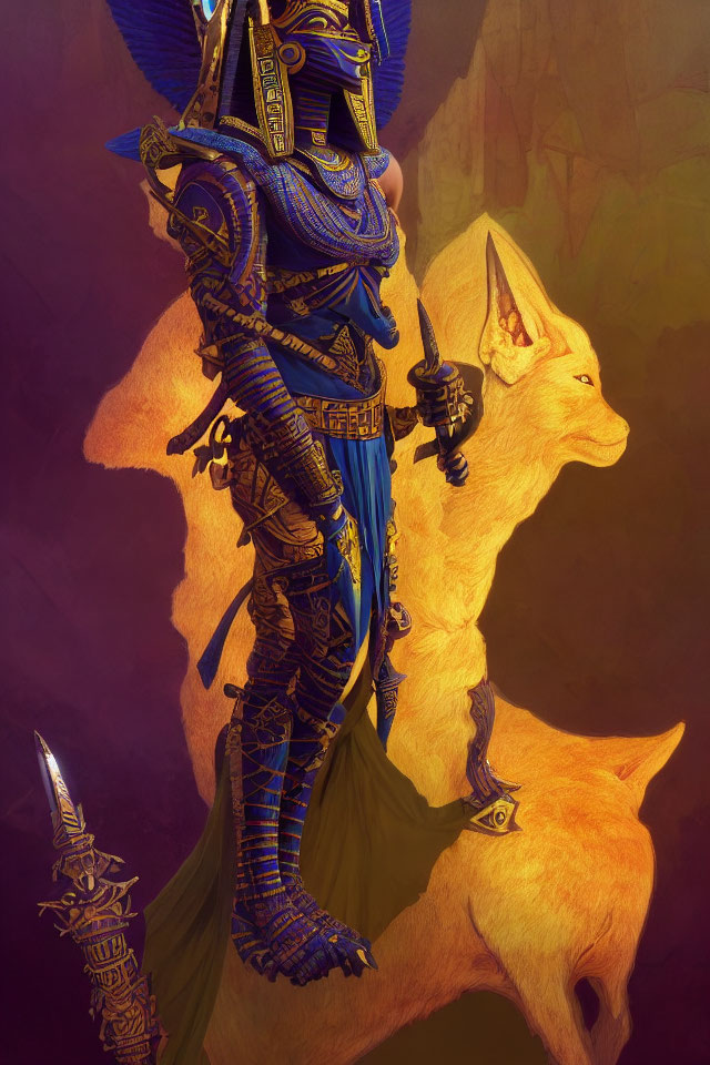 Armored warrior with blue and gold detailing beside spectral fox spirit