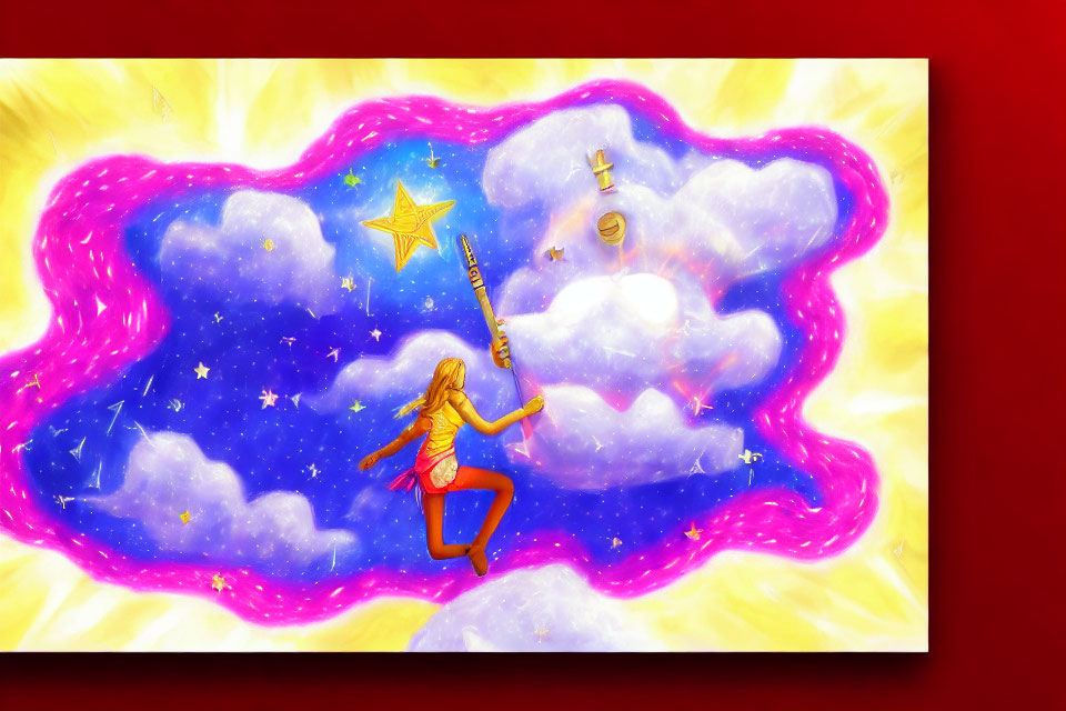 Whimsical girl with wand in celestial setting