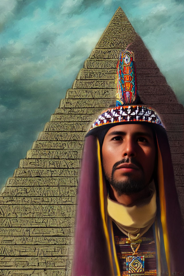 Digital portrait of man in ancient Egyptian pharaoh attire with headdress, pyramid background.