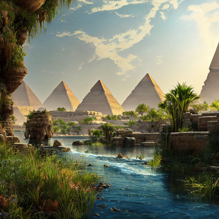 Lush Riverbank Oasis with Egyptian Pyramids on Blue Sky