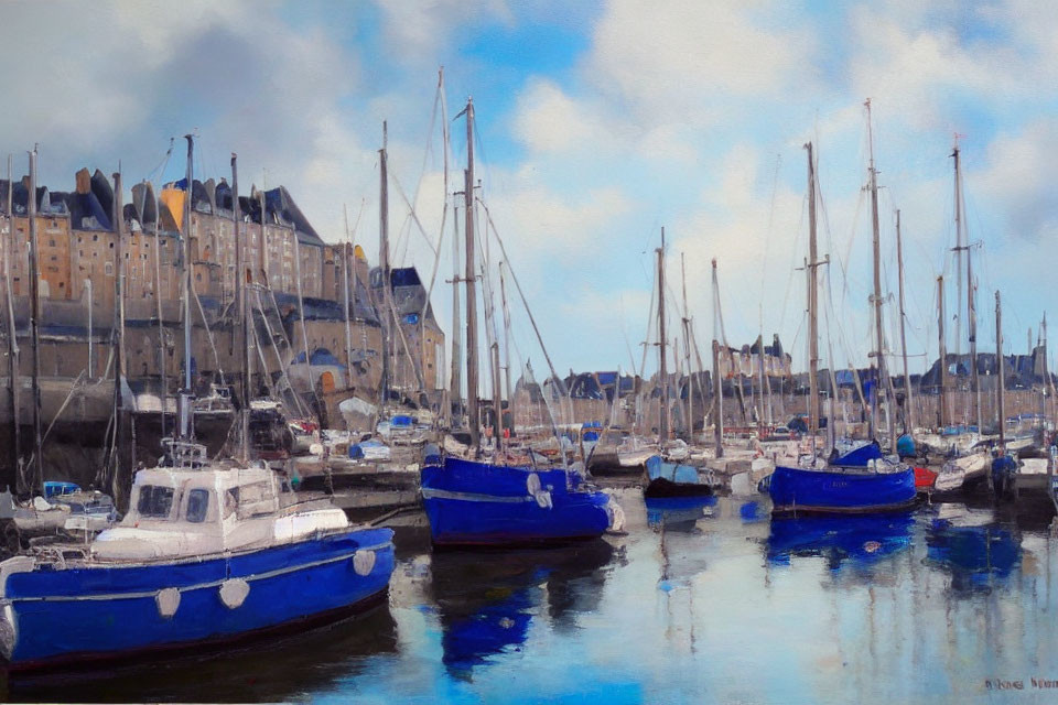 Serene harbor painting with blue boats and old buildings