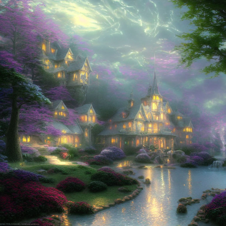 Fantasy landscape with fairytale cottage, purple-flowered trees, serene stream.