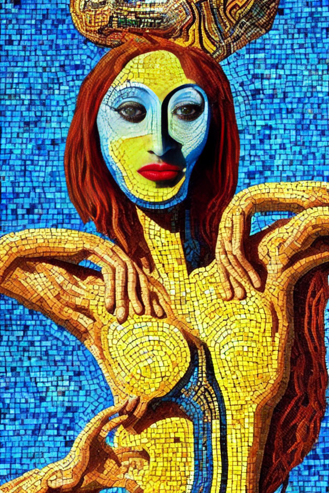 Colorful mosaic artwork featuring red-haired figure with mask-like face on blue background