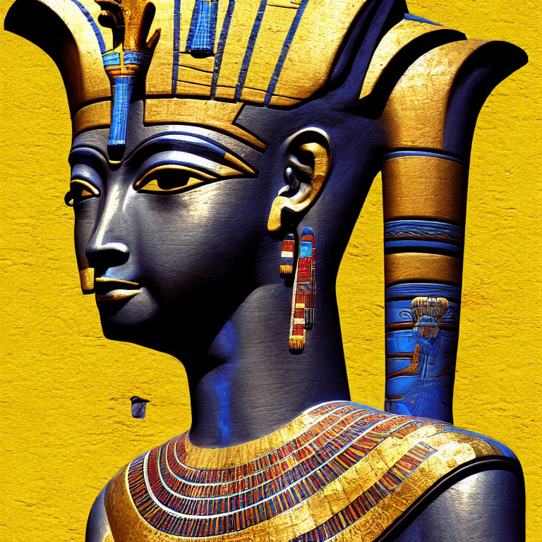 Ancient Egyptian Pharaoh Statue in Blue and Gold Headdress on Yellow Background