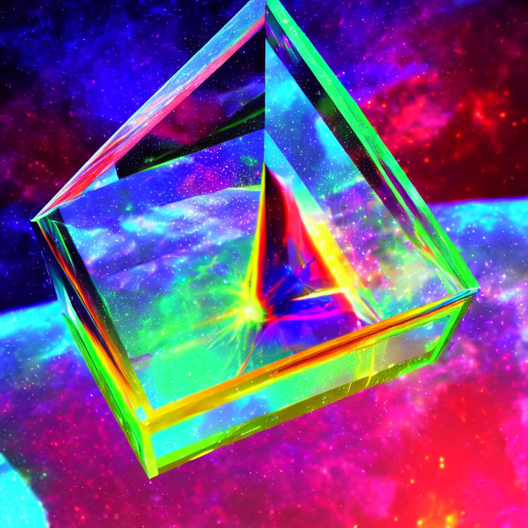 Colorful Glass Pyramid Reflecting Light in Cosmic Background