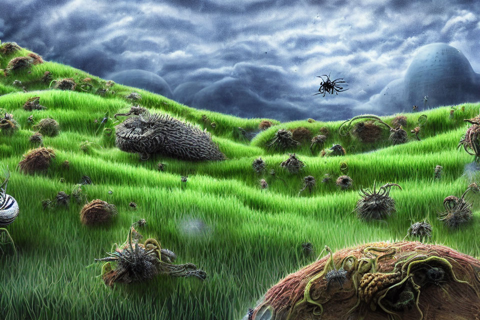 Surreal landscape featuring giant spider, strange creatures, and ominous clouds