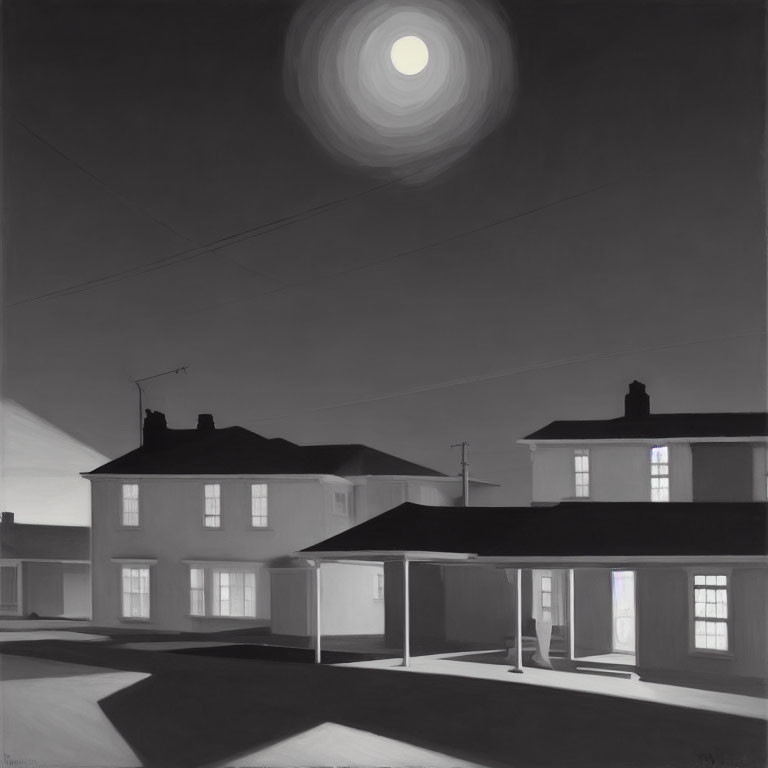 Monochromatic night scene: houses, bright moon, sharp shadows, and a single lit window.