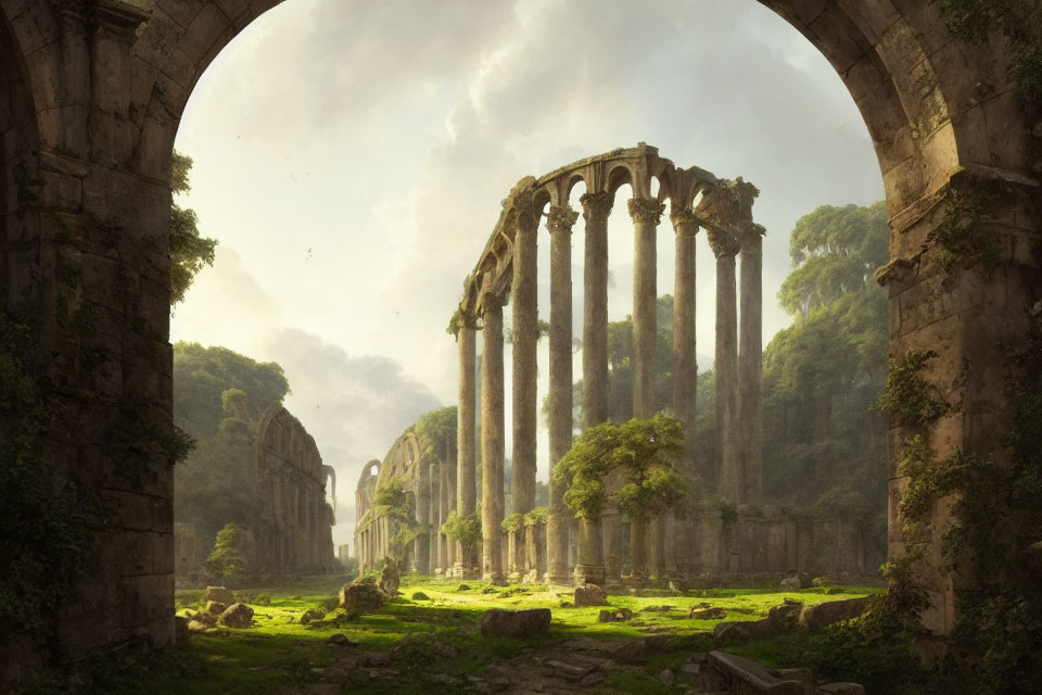 Ancient Ruin with Towering Columns and Lush Greenery