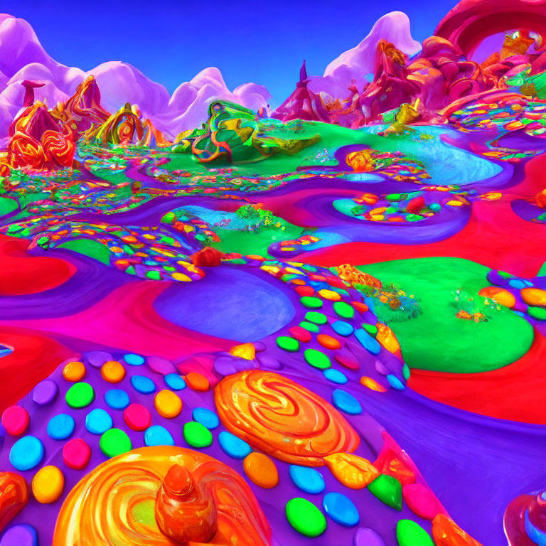 Colorful Whimsical Landscape with Rivers and Candy-Like Textures