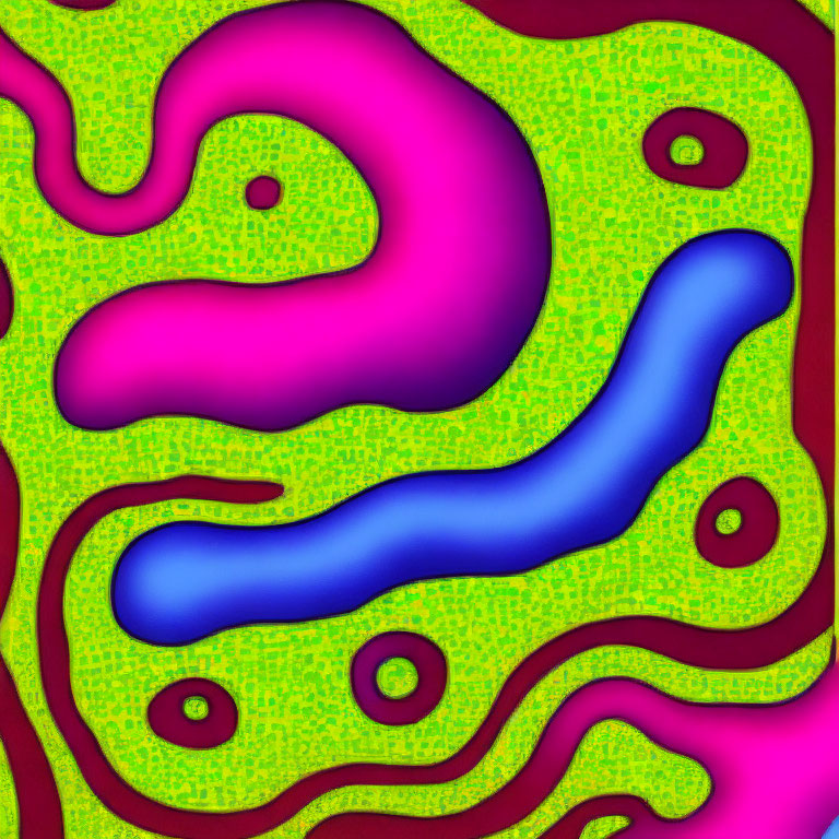 Vibrant pink and green abstract art with flowing blue and magenta shapes