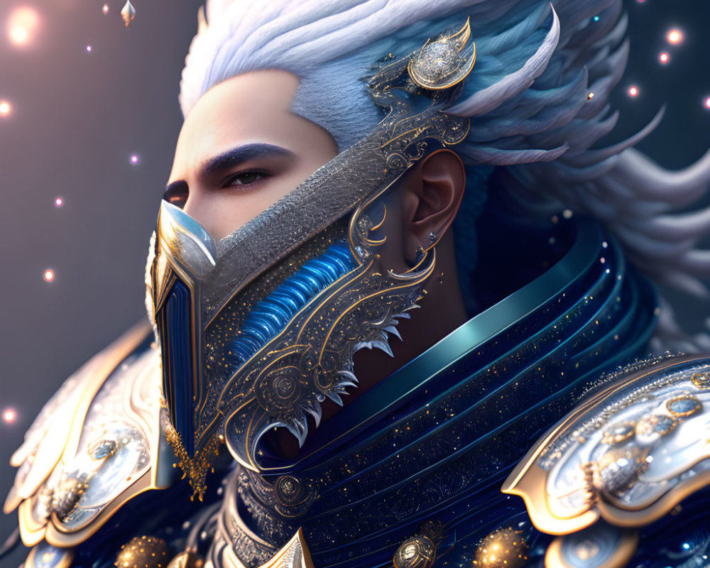 Fantasy warrior digital artwork with white hair and elaborate gold and blue armor