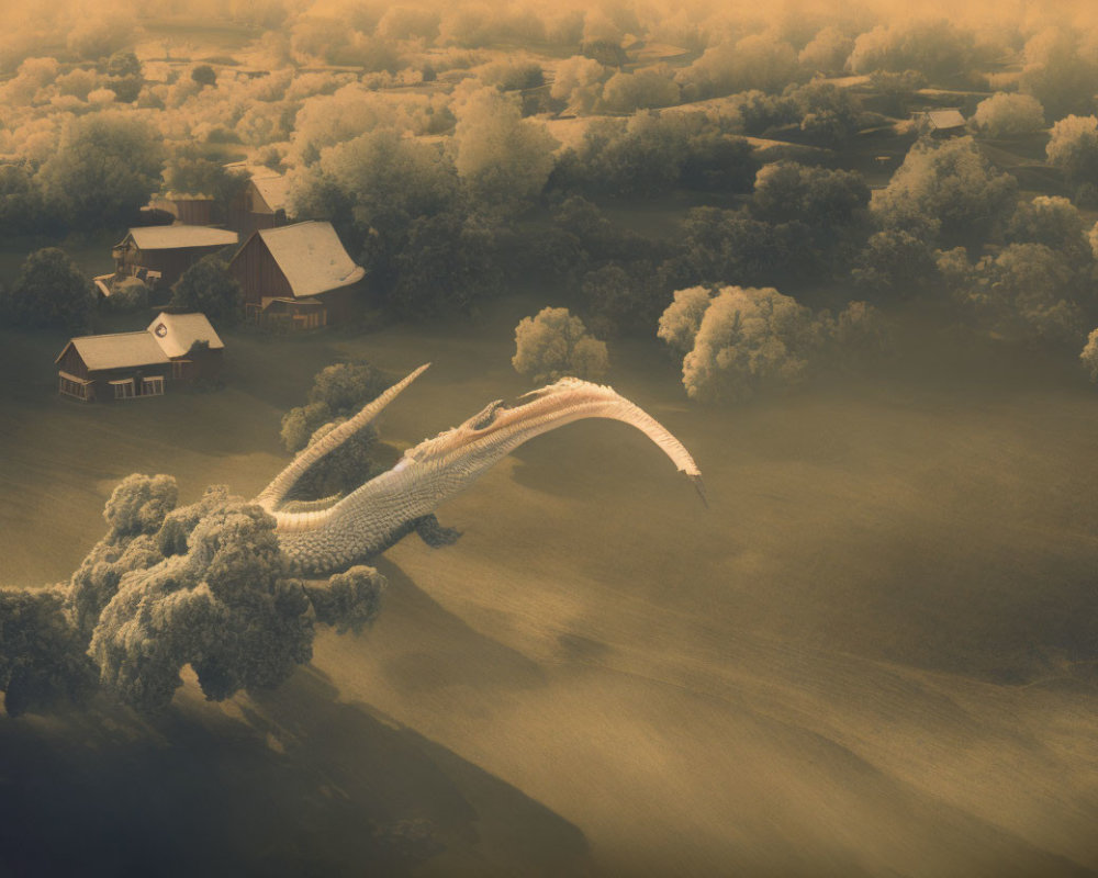 Giant crocodile flying over rural landscape in surreal image