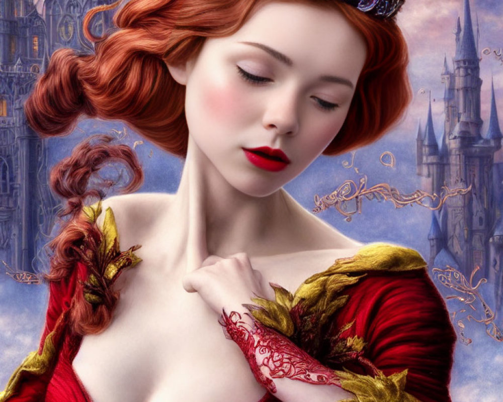 Detailed digital artwork: Woman with red hair and crown in elegant dress, against fantasy castle.