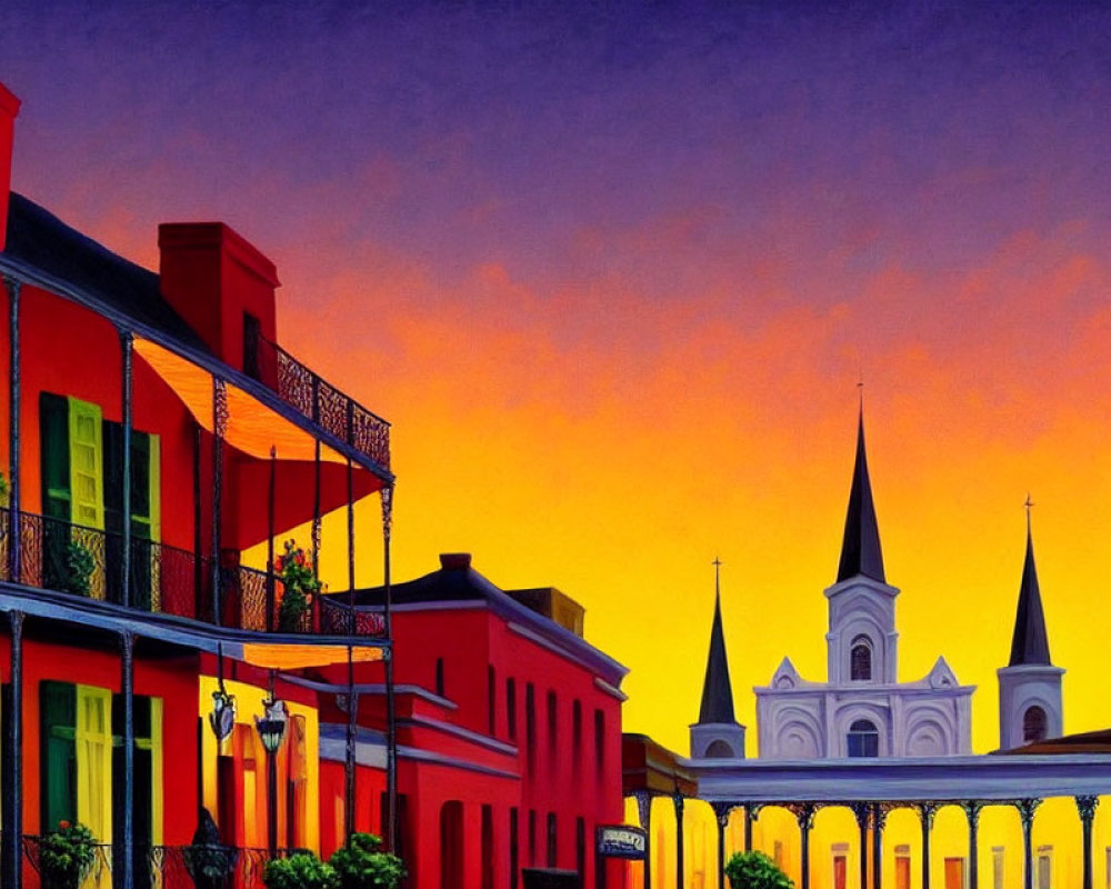 Vibrant sunset over New Orleans' French Quarter with historic buildings and cathedral spires