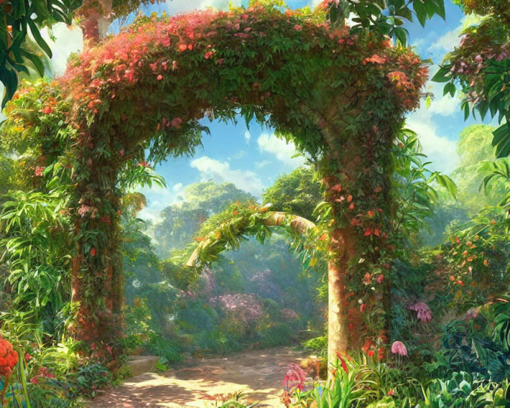 Lush garden arch with vibrant flowers in serene forest