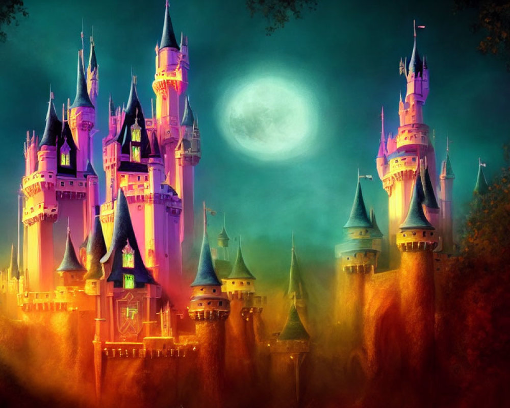 Majestic castle with spires in moonlit sky and mystical forest