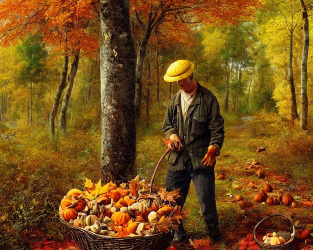 Person collecting pumpkins in autumn forest with vibrant foliage