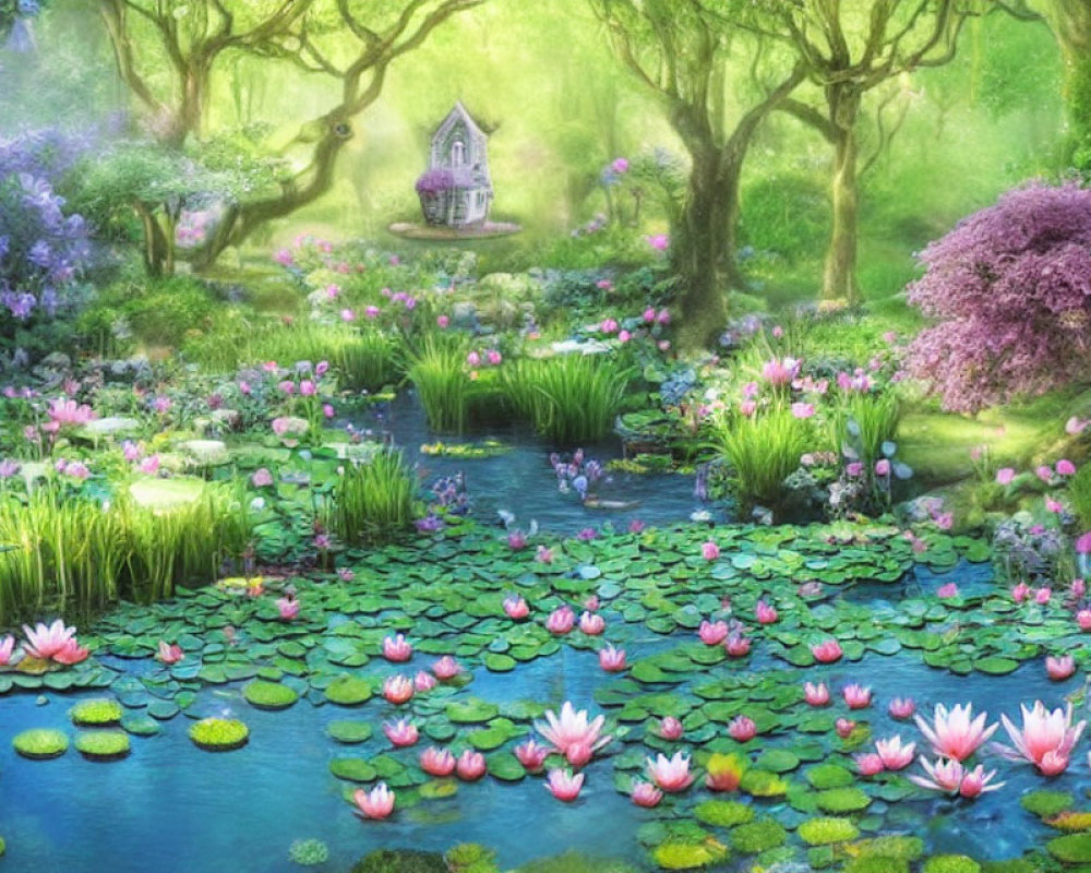 Tranquil garden scene with water lilies, vibrant flowers, trees, and cottage