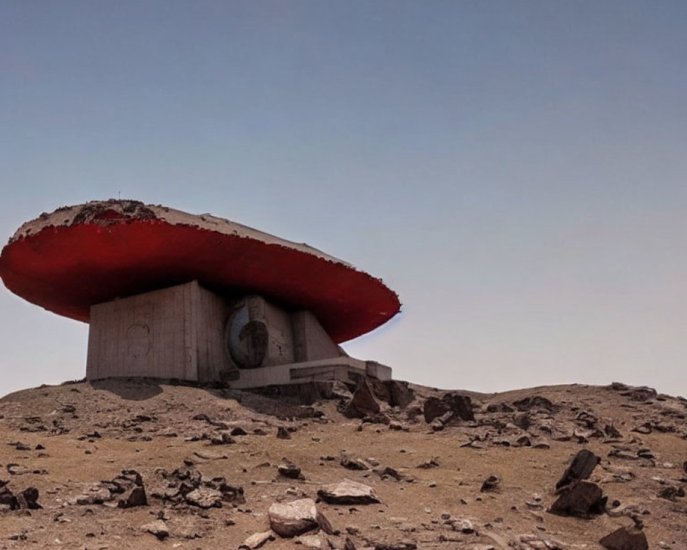 Futuristic solitary structure with red disc roof in barren rocky landscape