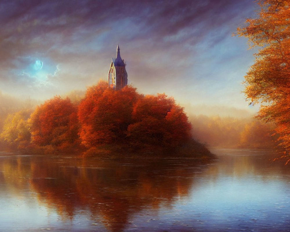 Misty river and fall trees with old church spire in autumn scene