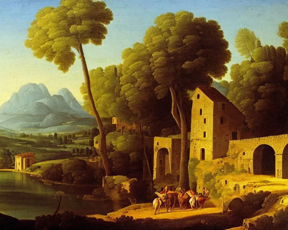 Idyllic classical landscape with trees, lake, mountains, bridge, building, and figures.