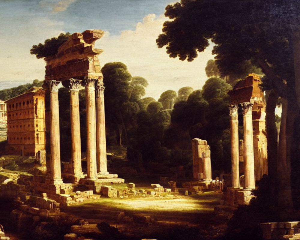 Ancient Roman ruins painting with towering columns and trees under clear sky