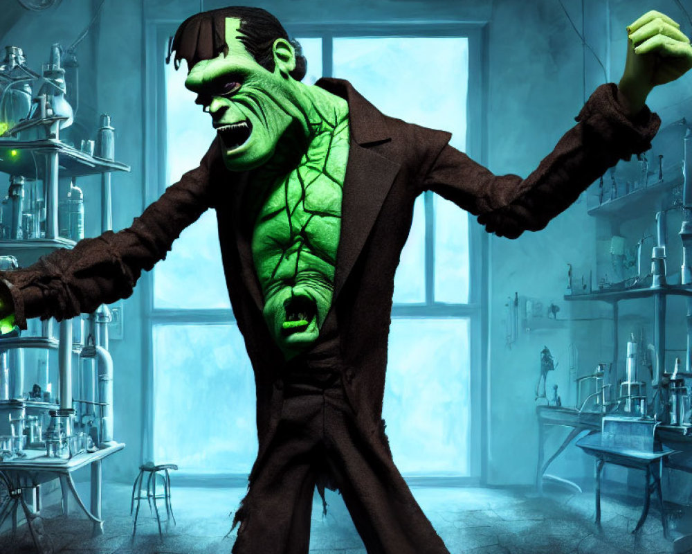 Green-skinned Frankenstein's monster in dimly lit laboratory