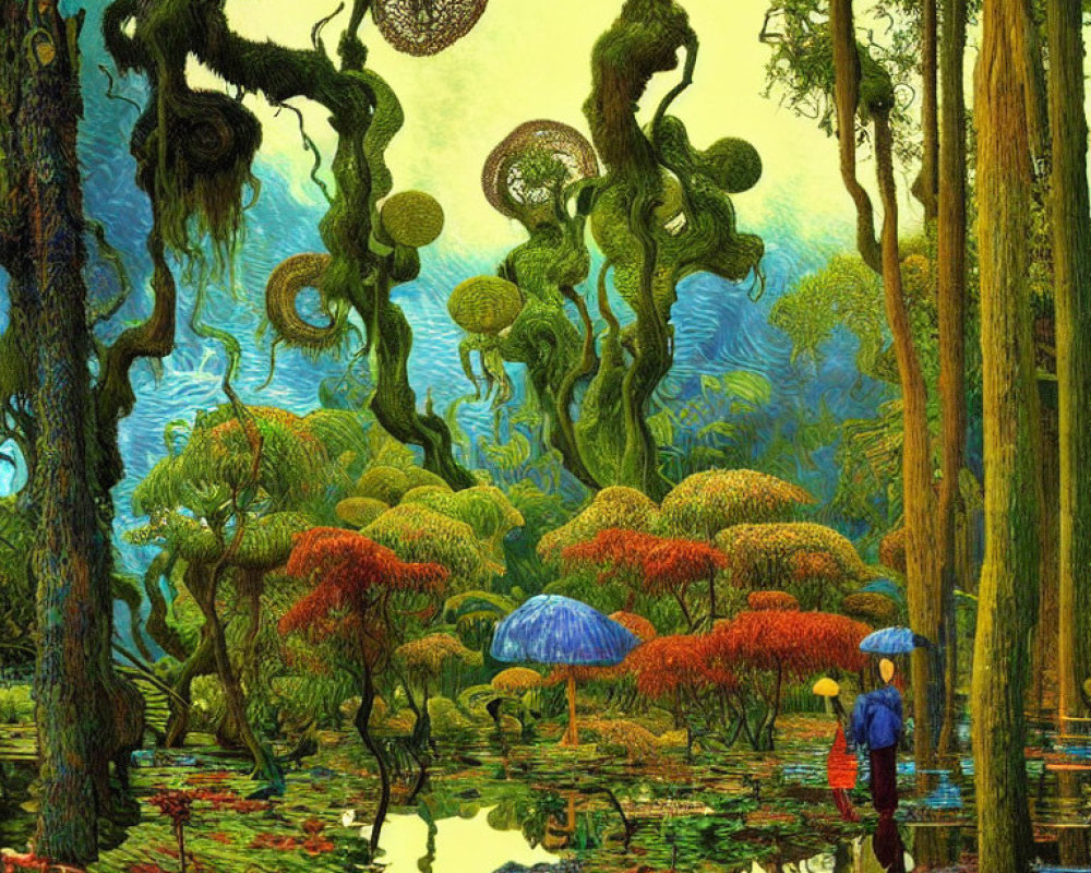 Blue umbrella person in surreal forest with twisted trees and red foliage