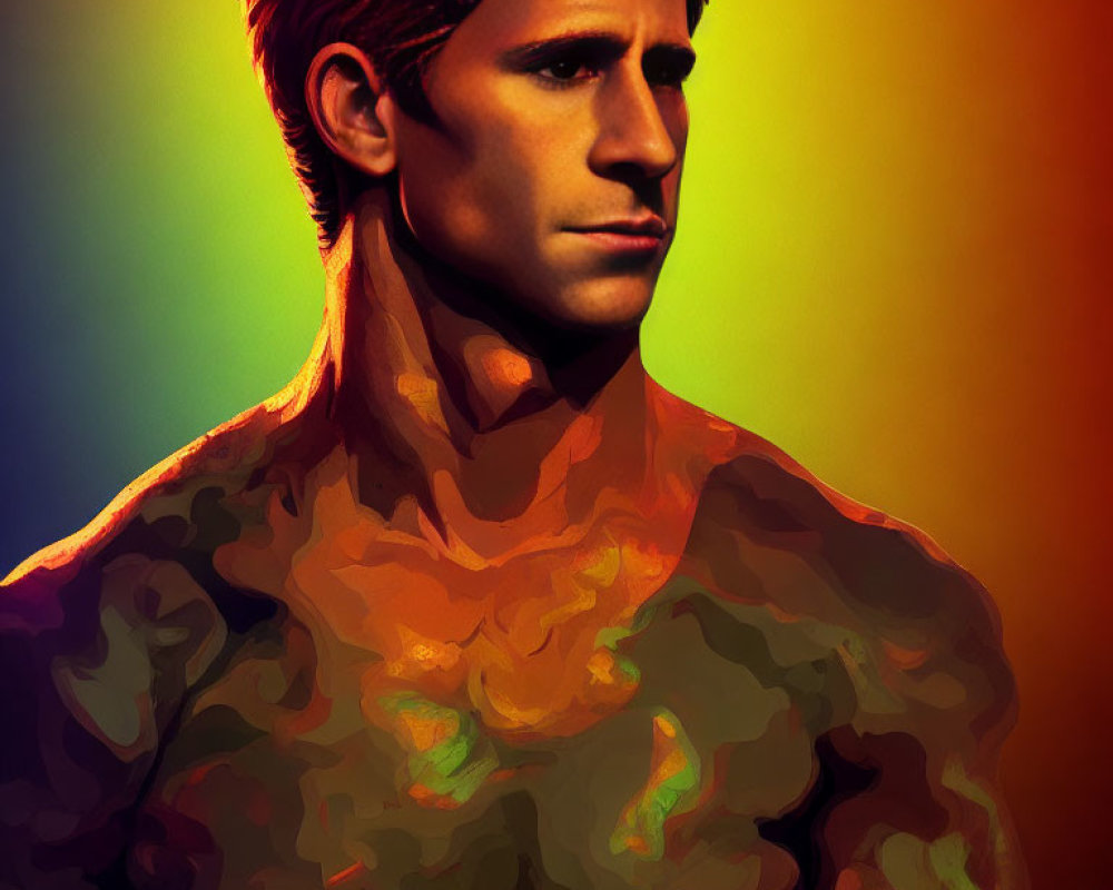 Vibrant multicolored lighting on muscular male digital portrait