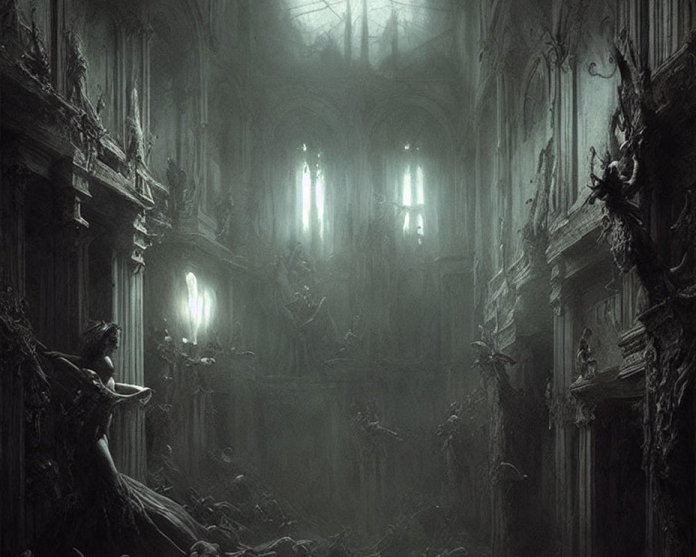 Gothic cathedral interior with eerie lighting, central figure, fog, and bones