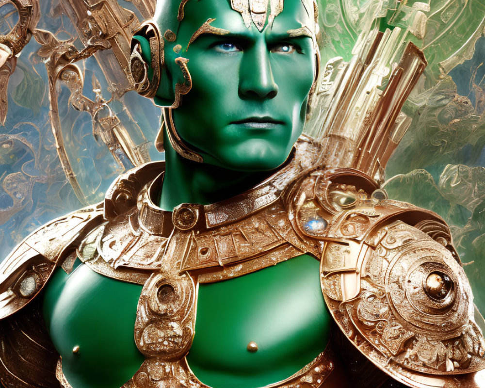 Detailed Illustration of Green-Skinned Armor-Clad Being with Celestial Patterns