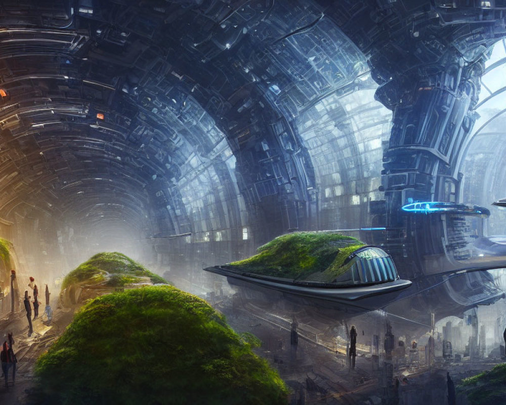 Futuristic space station interior with large windows, greenery, people, and flying vehicles