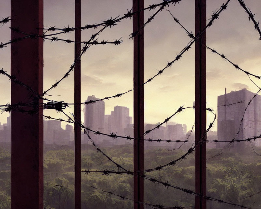 Hazy city skyline behind barbed wire on lush landscape