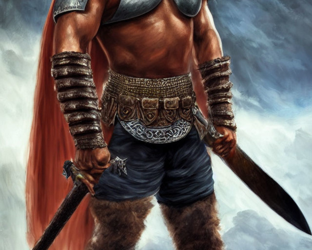 Muscular warrior in ornate armor with two swords against misty mountainous backdrop