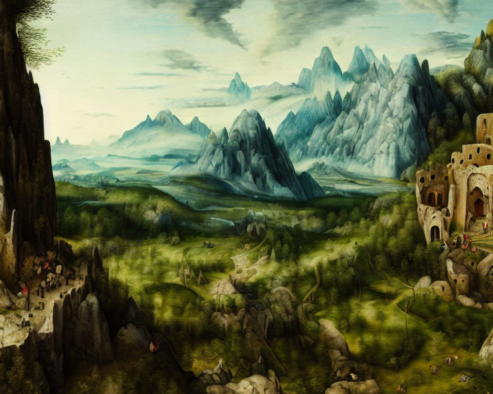 Renaissance landscape painting: valley, castle, figures, mountains, lush greenery, moody