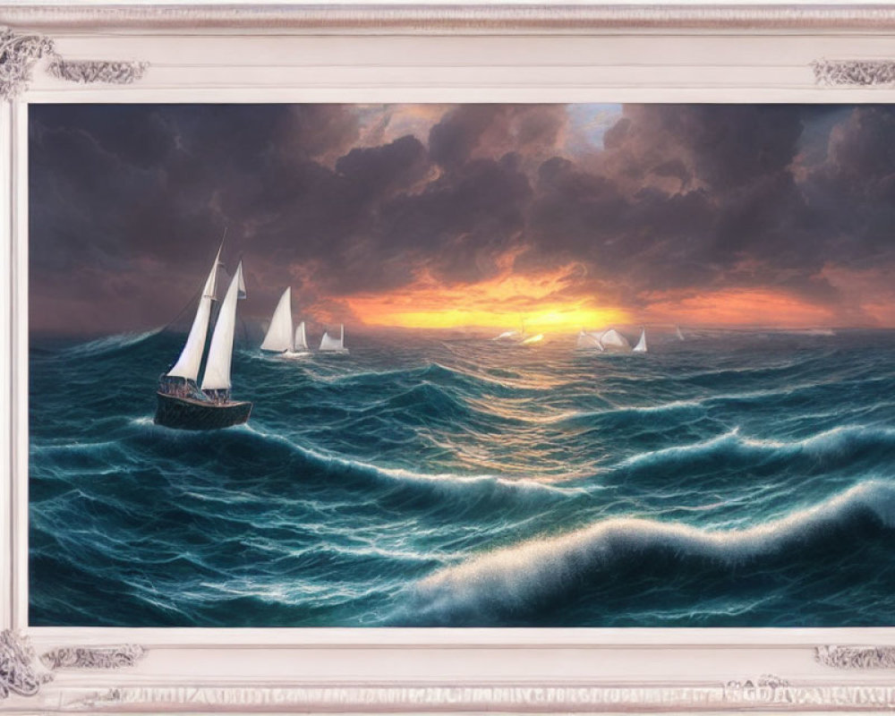 Framed painting of sailboats on tumultuous ocean waves at sunset