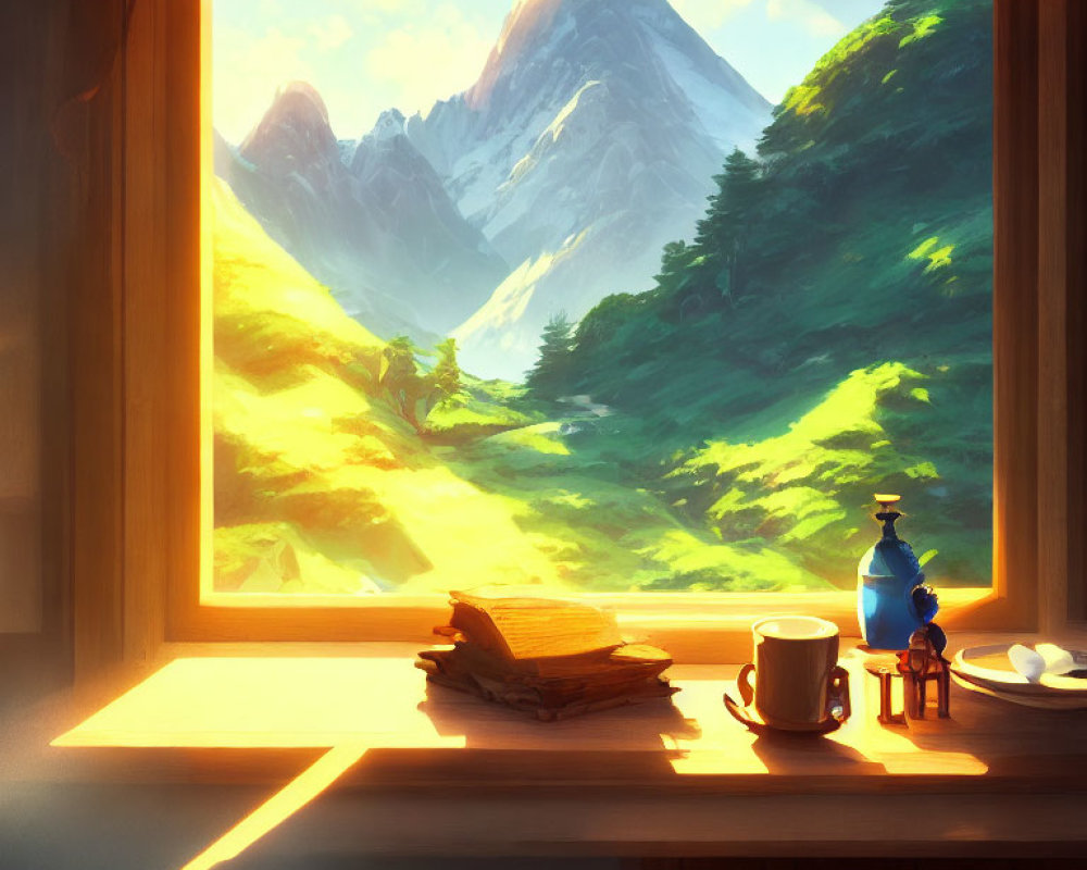 Sunlit mountains and greenery view with book, coffee mug, and teapot on window sill