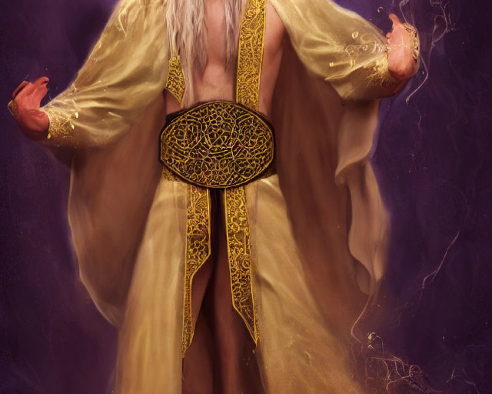 Mystical figure in golden robe surrounded by purple smoke and glowing symbol