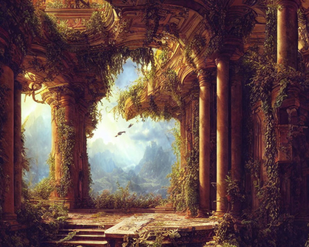 Overgrown ancient ruin with ornate columns in lush valley