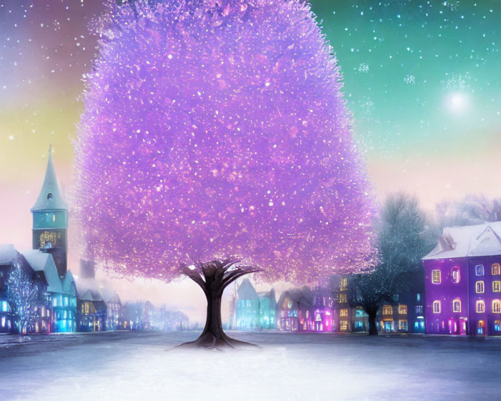 Colorful illustration of magical tree in snowy town square at dusk