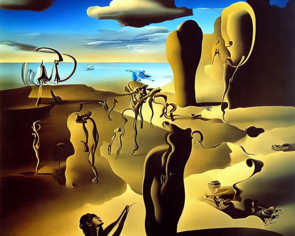 Surrealistic landscape: distorted human figures, desert dunes, elongated shadows, cloud-filled