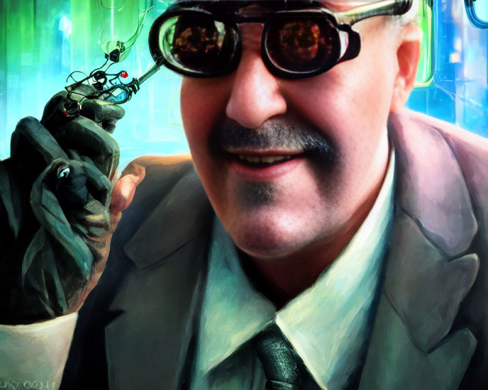 Steampunk gentleman with goggles, mustache, suit, mechanical arm, futuristic cityscape.