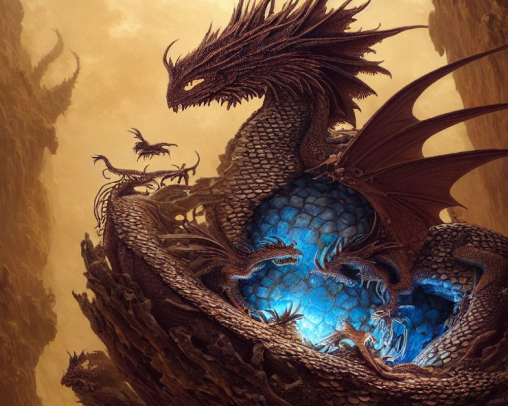 Majestic dragon on nest with hatchlings in golden mist.