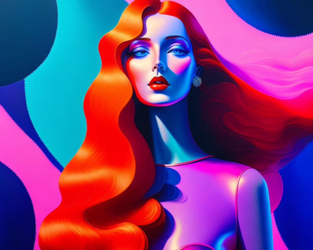 Colorful surreal illustration: Woman with flowing red hair in blue and purple backdrop