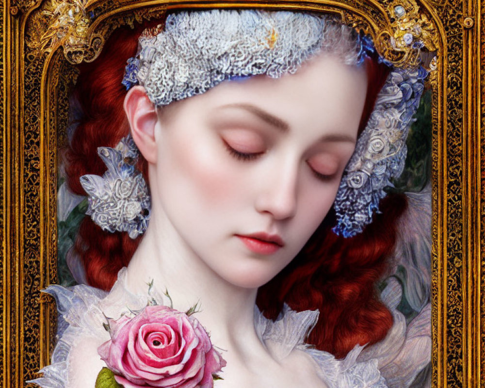 Red-haired woman with lace headband holding pink rose in ornate golden frame