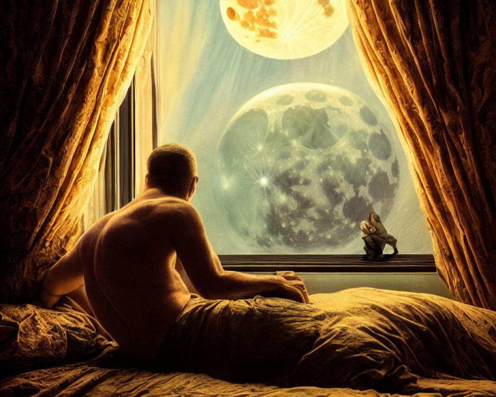 Person looking at surreal moon through window with warm lighting and golden curtains