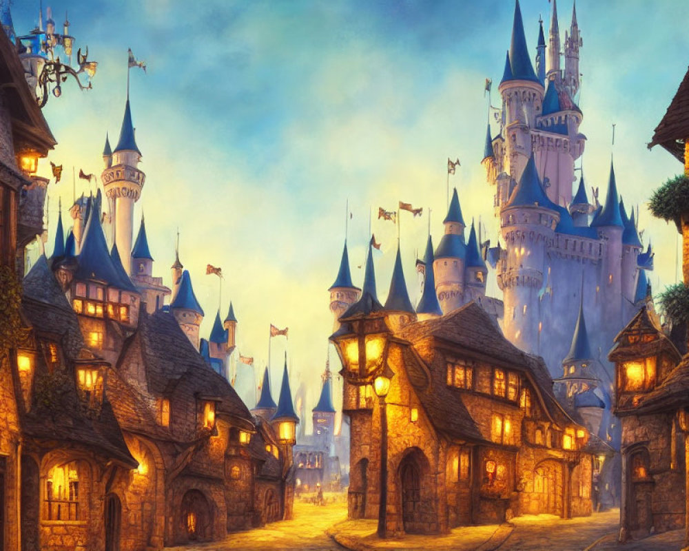 Charming fantasy village scene with cobblestone streets, quaint houses, and grand castle at dusk